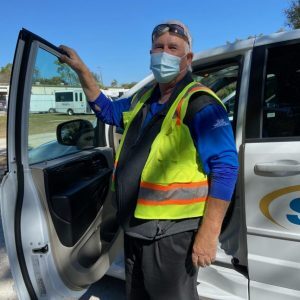 Sarasota driver prepares to take passengers to COVID-19 vaccination sites.In partnership with Sarasota County Area Transit, MTM Transit Sarasota is offering rides to COVID-19 vaccination sites.