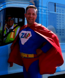 ZAP MAN, MTM TRANSIT’S ZERO ACCIDENT PHILOSOPHY MASCOT.