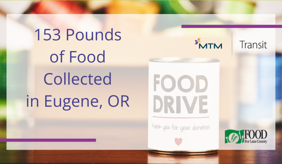 The MTM Transit team in Eugene hosted two food drives for FOOD for Lane County, collecting a total of 153 pounds of food.