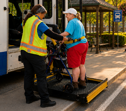 Driver raising passenger up on the bus lift