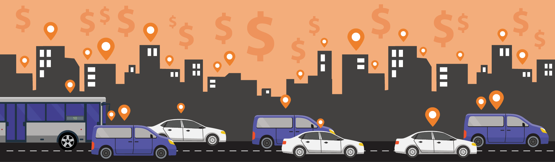 Vehicles driving on the road with a city scape in the background, dollar symbols in the sky