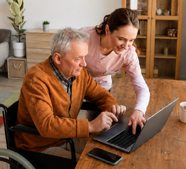 Caretaker helping senior man in a wheelchair with his computer