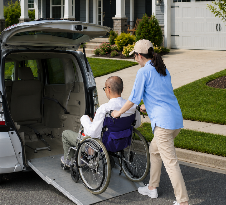 Driver wheeling a passenger up a van ramp