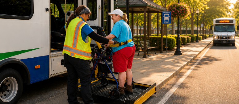 Driver raising passenger up on the bus lift