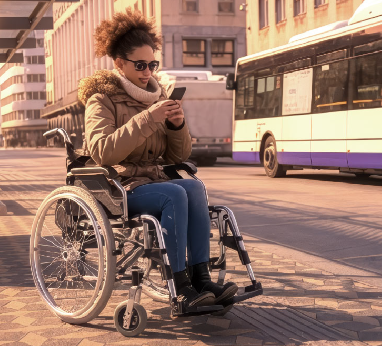 Passenger in a wheelchair waiting at the bus stop, looking at her phone