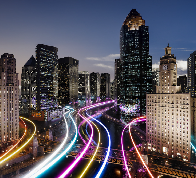 City at night with colorful road lights