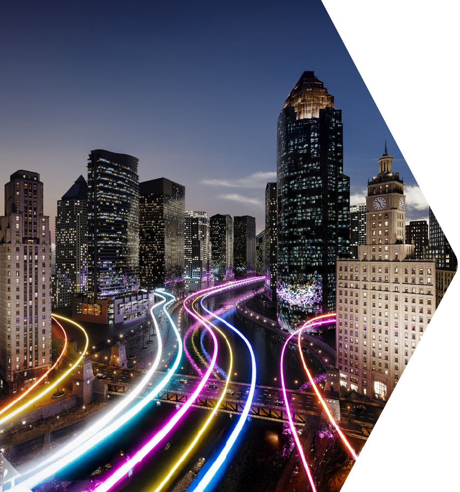 City at night with colorful road lights