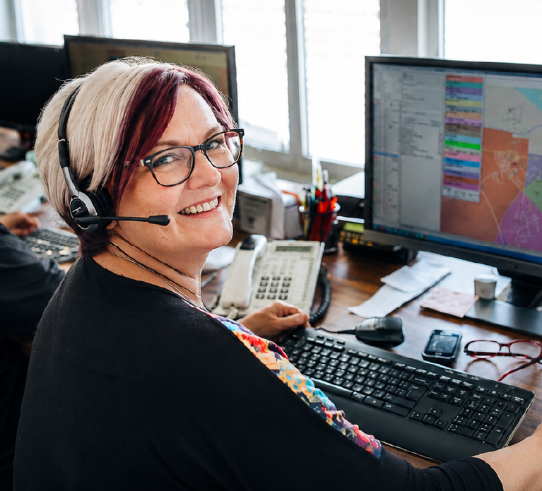 Dispatcher smiling at the camera, sitting in front of a computer monitor